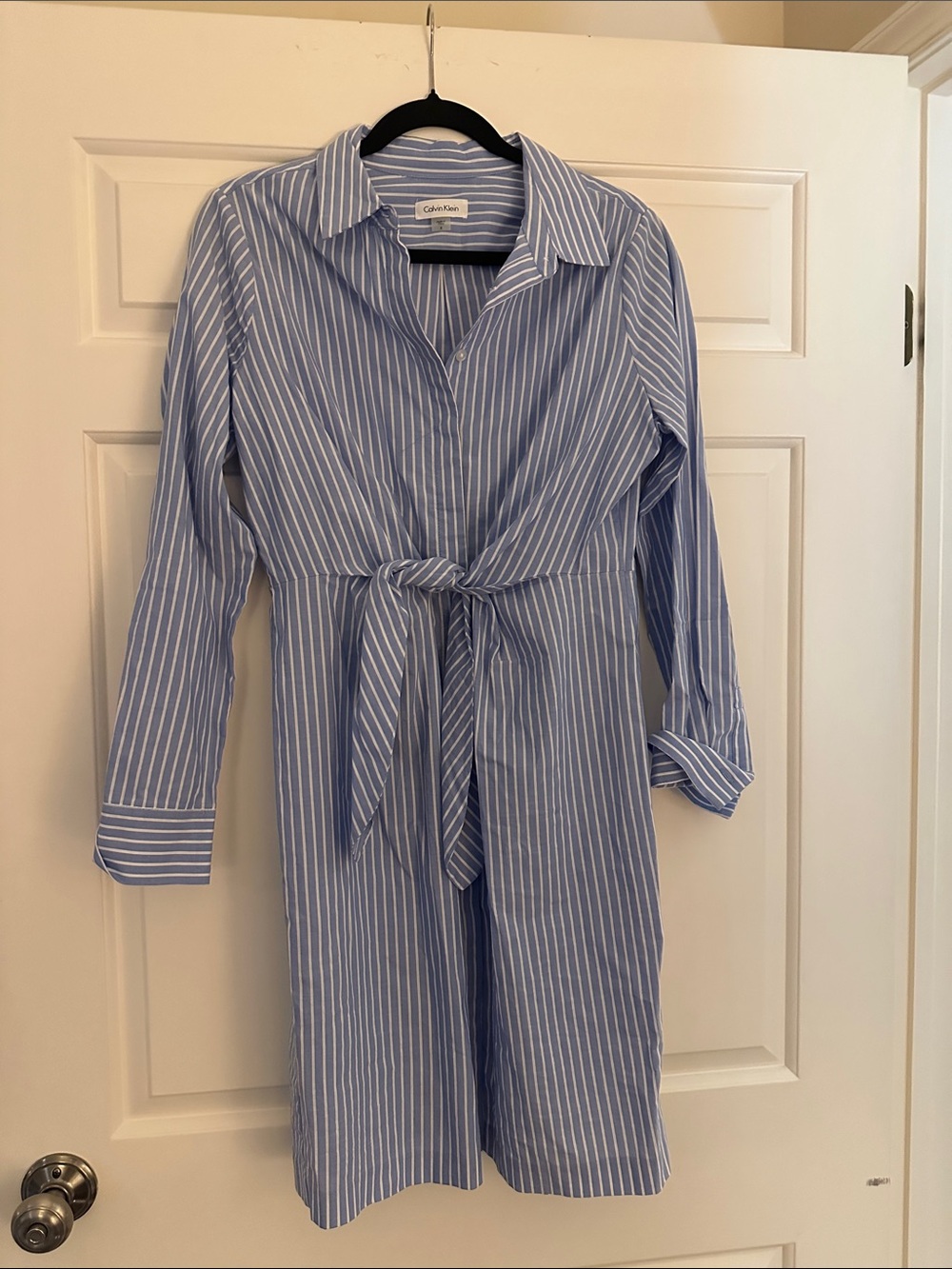 Calvin Klein Blue and White Striped Tie-Waist Long Sleeve Shirt Dress